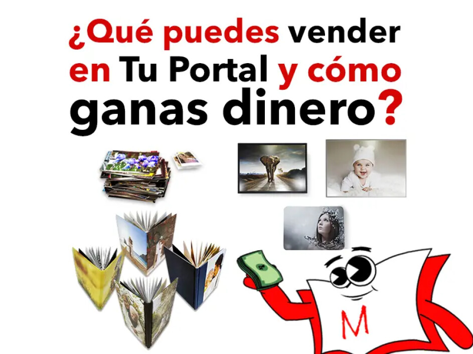Productos fotográficos disponibles en el portal personalizado: impresiones, cuadros decorativos y fotobooks, con un personaje animado representando ganancias.
