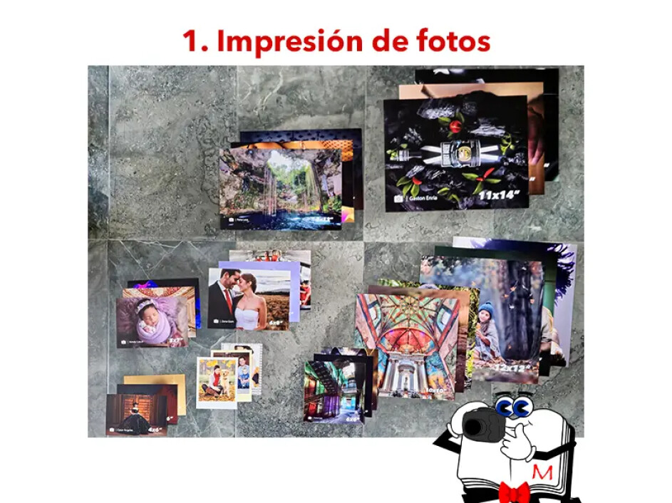 Diferentes tamaños de impresiones fotográficas disponibles en papel Fujifilm, mostrando una variedad de formatos clásicos, polaroid y gran formato.