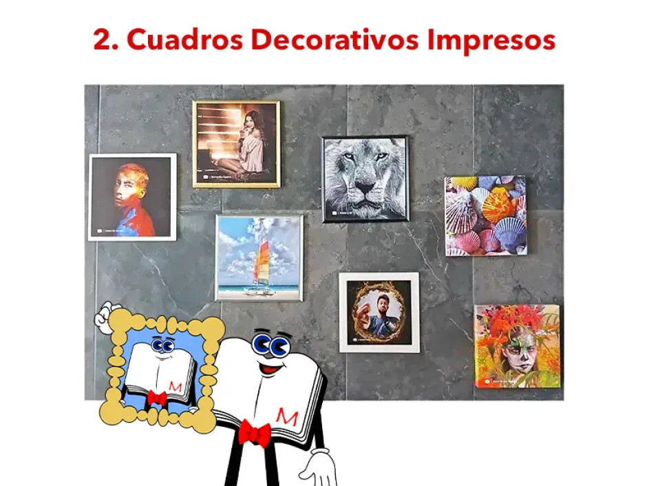 Cuadros decorativos impresos en diferentes estilos, como rústico, bastidor inglés, acrílico y canvas, presentados en un diseño artístico para decoración de interiores.