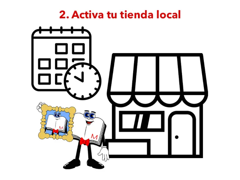 Ilustración que muestra cómo activar una tienda local para vender productos fotográficos con un calendario, horarios y un espacio físico.