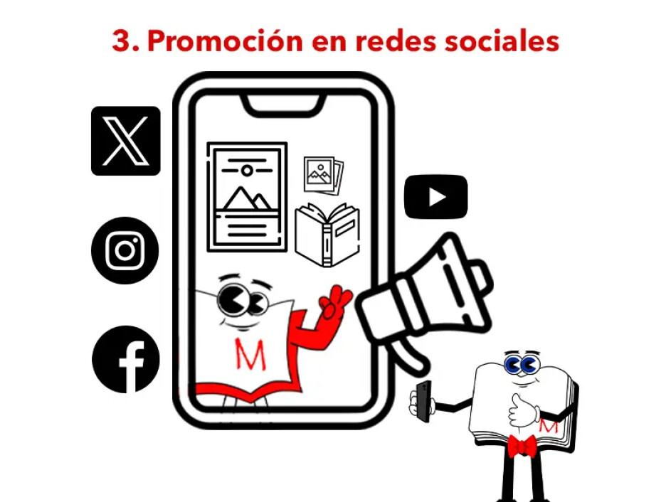 Ilustración sobre promoción en redes sociales para vender productos fotográficos con plataformas como Instagram, Facebook, X y YouTube.