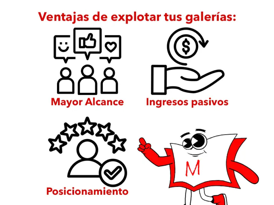 Ilustración de ventajas al explotar galerías personalizadas: mayor alcance, ingresos pasivos y posicionamiento profesional.