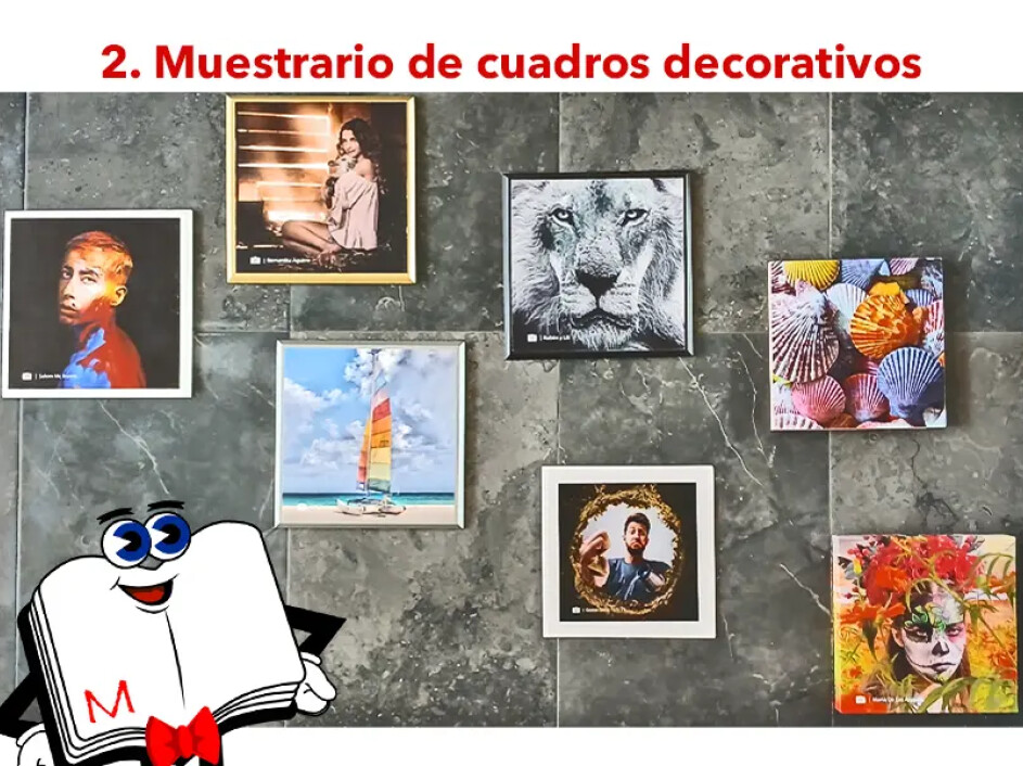 Muestrario de cuadros decorativos en bastidor inglés, rústico, canvas y acrílico, ideales para decoración personalizada.