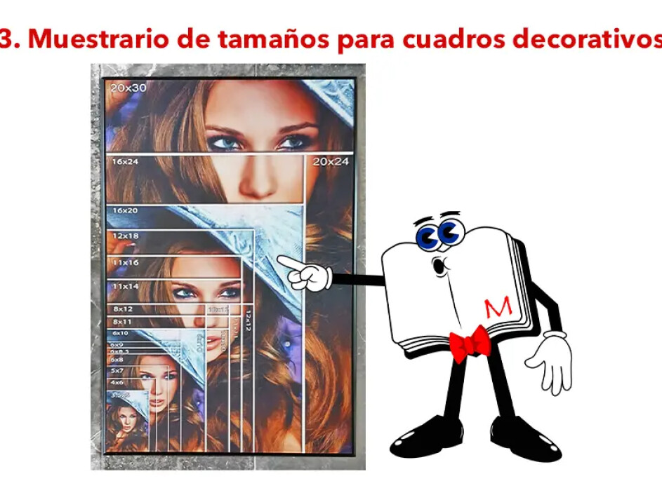 Muestrario de cuadros decorativos en bastidor inglés, rústico, canvas y acrílico, ideales para decoración personalizada.