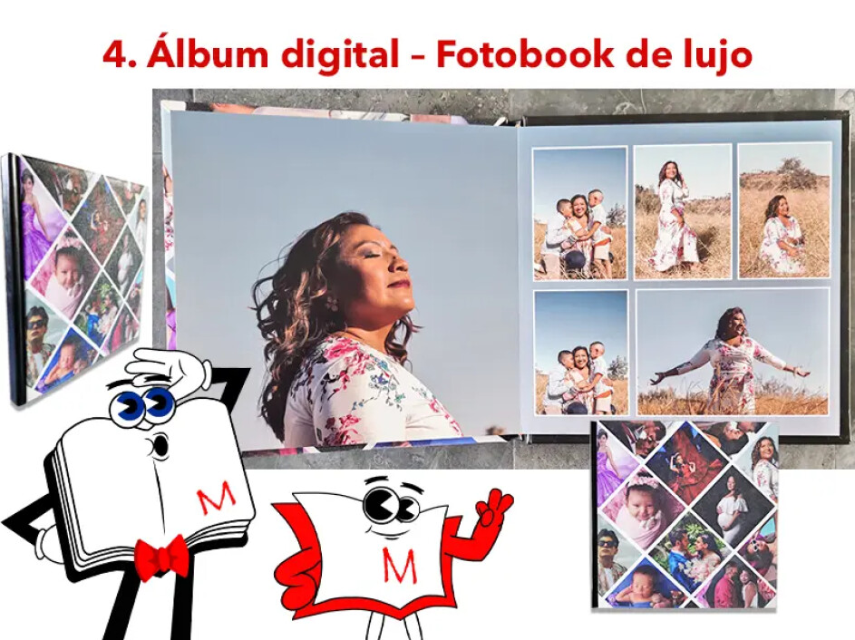 Fotobook de lujo abierto, mostrando hojas rígidas con acabado profesional y diseño personalizado.