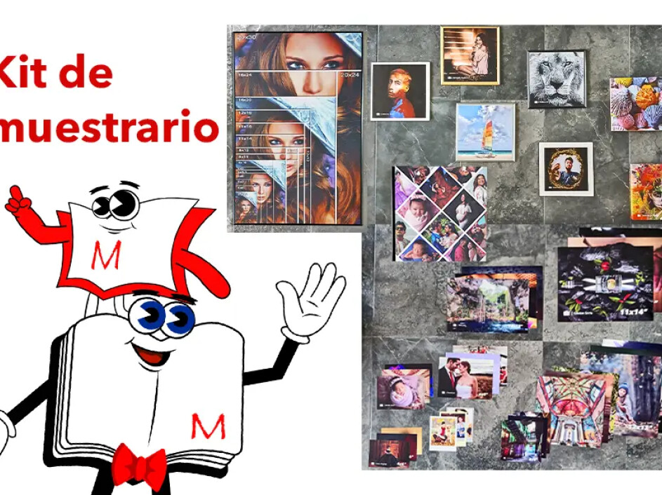 Kit de muestrario completo, mostrando una variedad de cuadros decorativos, álbum digital y tamaños de impresión.