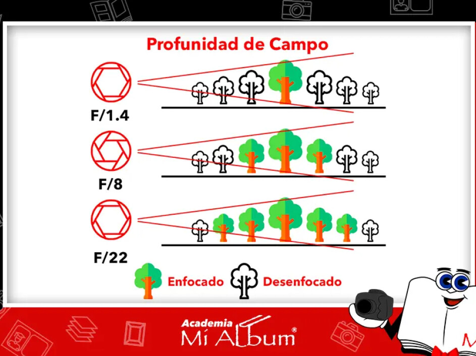 Gráfico de profundidad de campo con aperturas f/1.4, f/8 y f/22, indicando qué áreas están enfocadas y desenfocadas en una imagen.