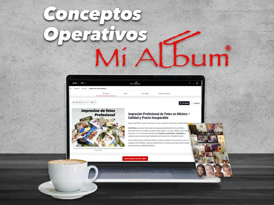 Conceptos operativos explicados en el portal Mi Album con vista del sitio en laptop.