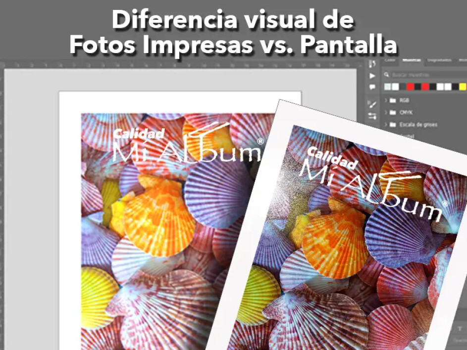 Comparación de una foto impresa y su versión en pantalla digital, destacando diferencias de color y brillo.