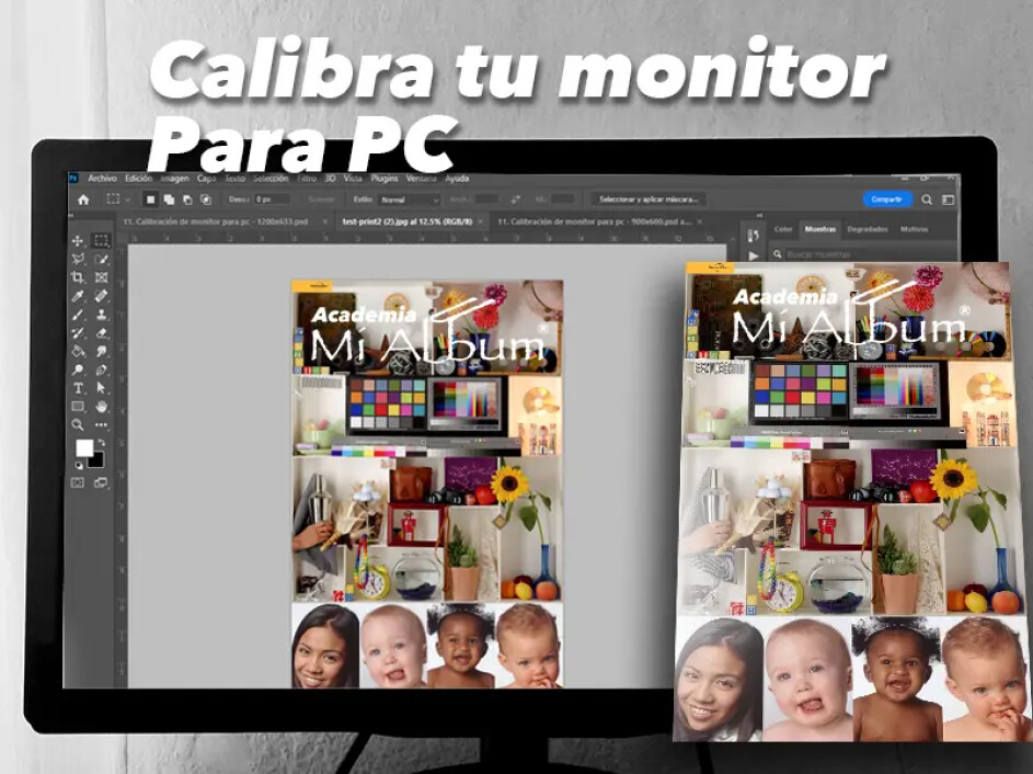 Pantalla de PC mostrando imagen en Photoshop con comparación entre monitor y fotografía impresa.