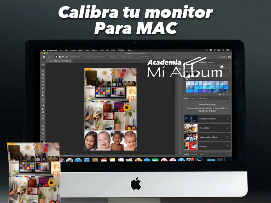 Monitor iMac mostrando imagen en Photoshop junto a impresión comparativa de color.