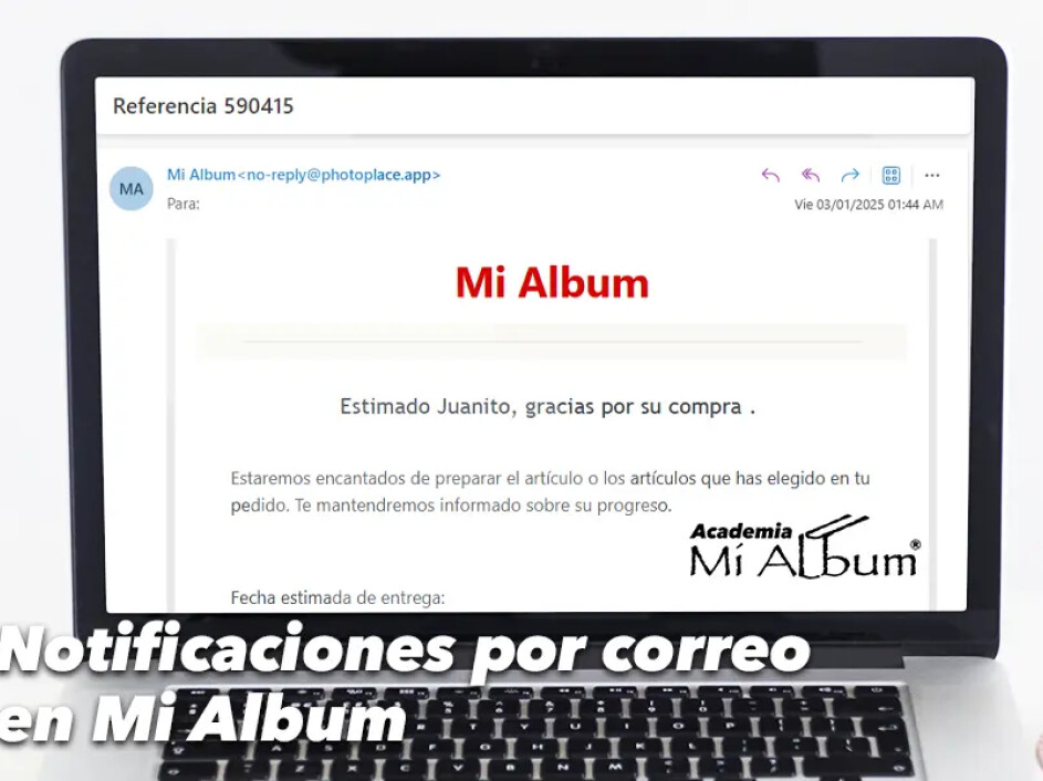 Pantalla de laptop con correo de confirmación de pedido recibido de Mi Album.