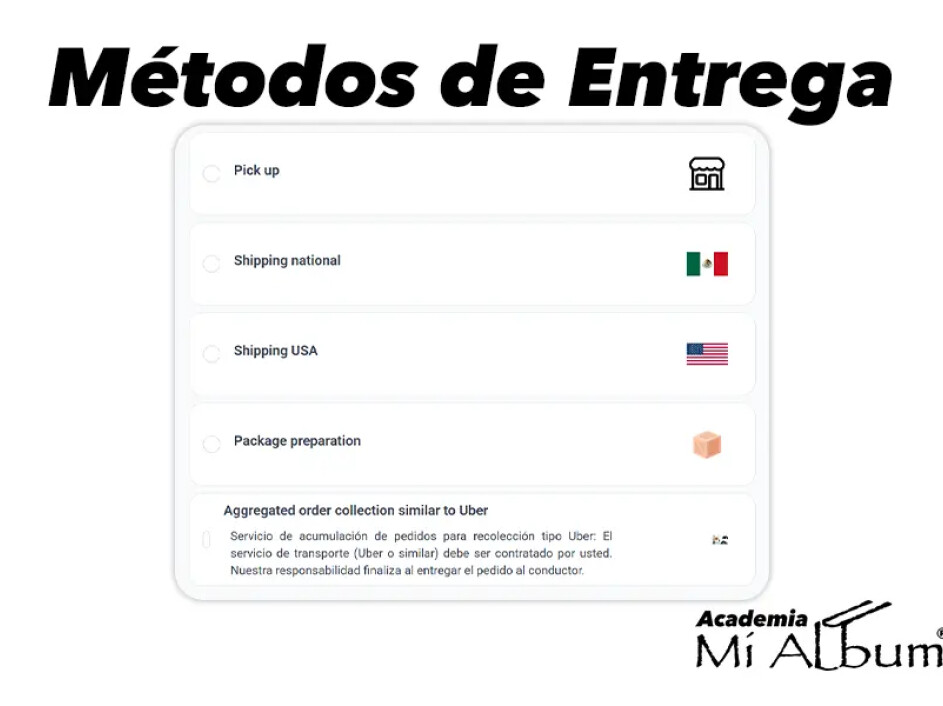 Pantalla de opciones de entrega en el sitio Mi Album, incluyendo pick up, envío nacional y envío a USA.