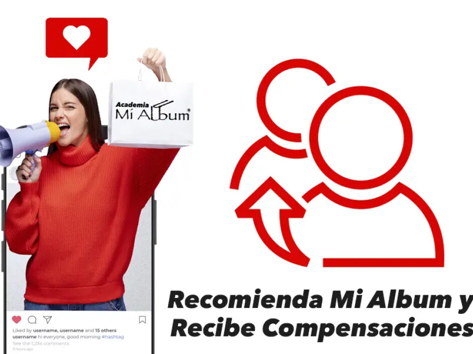 Mujer recomendando Mi Album desde redes sociales y ganando recompensas.