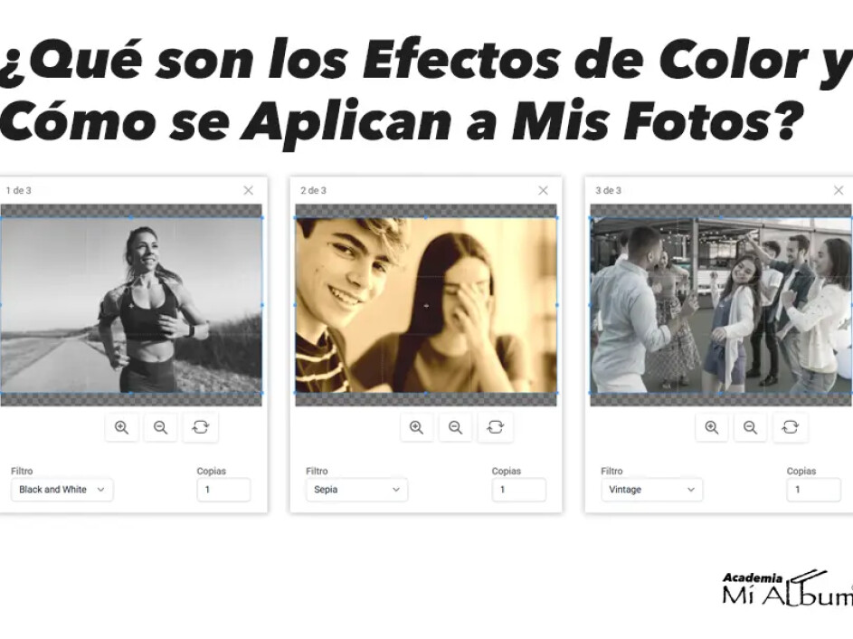 Vista previa de fotos con efectos blanco y negro, sepia y vintage aplicados.