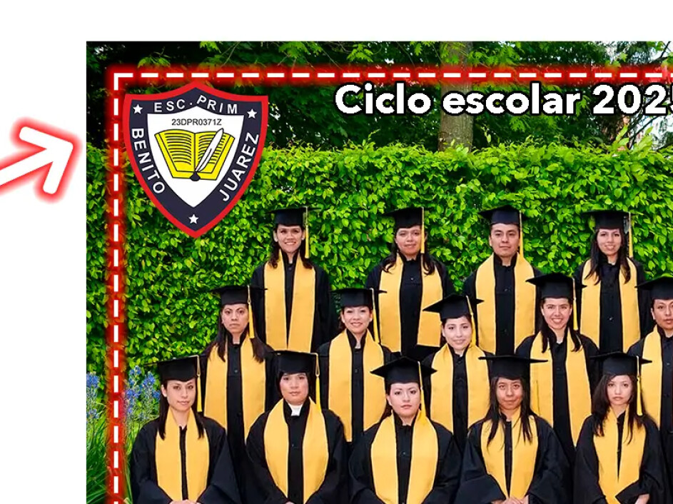 Ejemplo correcto con escudo y texto dentro del margen seguro para impresión profesional.