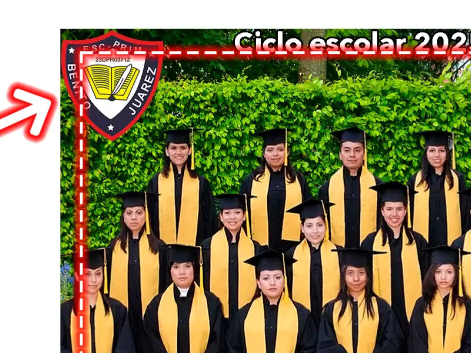 Error común: diseño con escudo y texto pegado al borde de la imagen