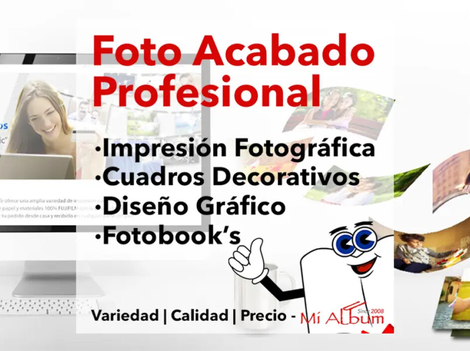 Presentación comercial de Mi Album con variedad de productos y precios competitivos