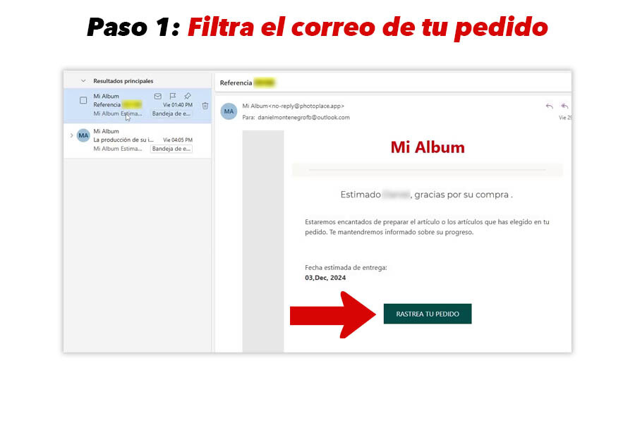 Vista del correo con el botón "Rastrea tu pedido" para facturación.