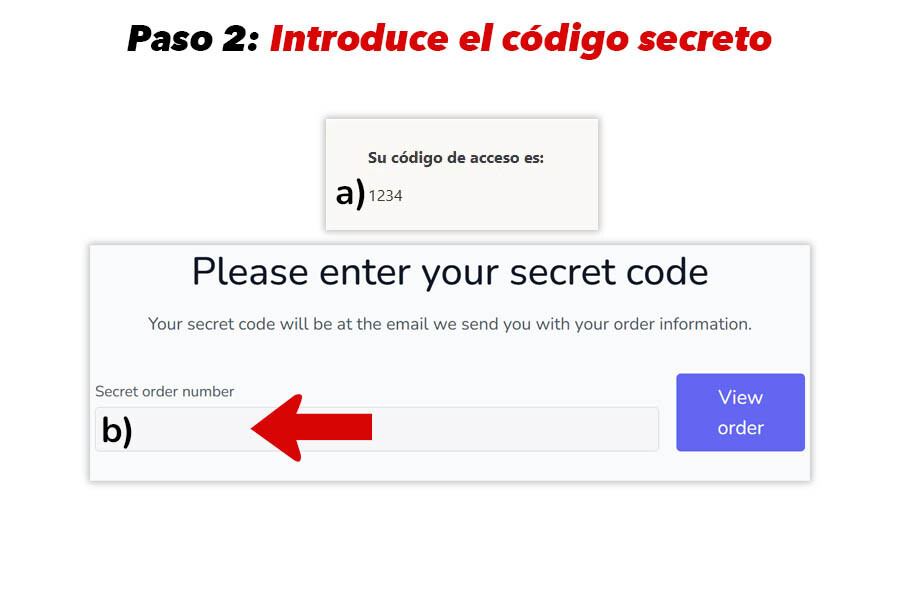 Captura del formulario para ingresar el código secreto del pedido.