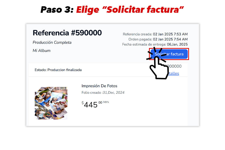 Interfaz con botón azul "Solicitar factura" visible en el pedido.