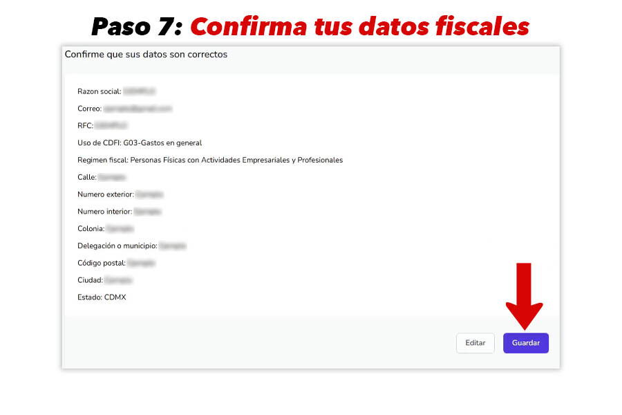 Revisión final de datos fiscales antes de timbrar la factura.