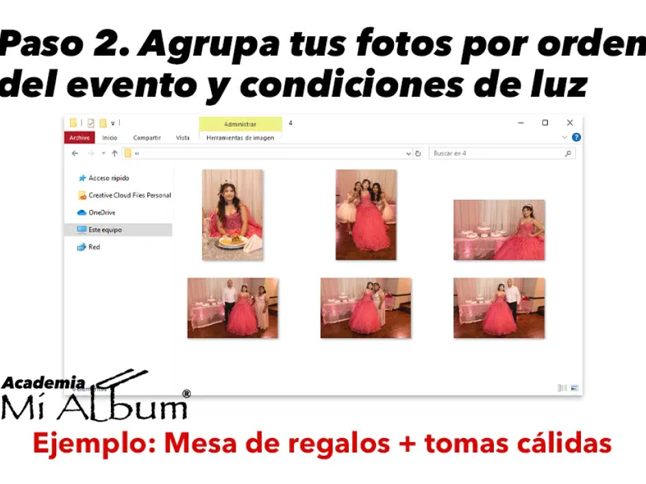Vista de carpeta con fotos agrupadas de una quinceañera en la mesa de regalos con luz cálida