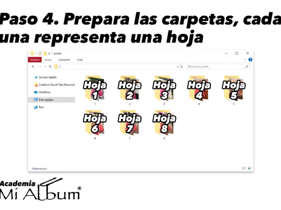Vista de carpeta en computadora con subcarpetas numeradas del 1 al 8 representando hojas del álbum
