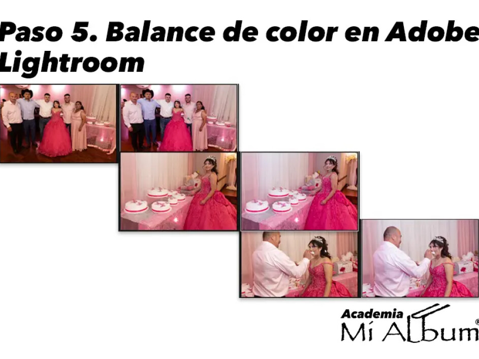 Comparación de fotos de una quinceañera con distintas condiciones de color, antes y después de ajustes en Lightroom