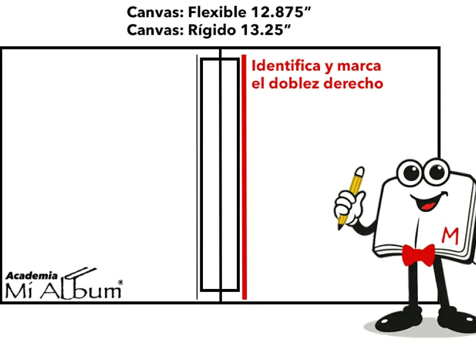 Ubicación del primer margen de los dobles en el diseño de portada de un fotobook layflat, indicado por el Mino de Mi Album.