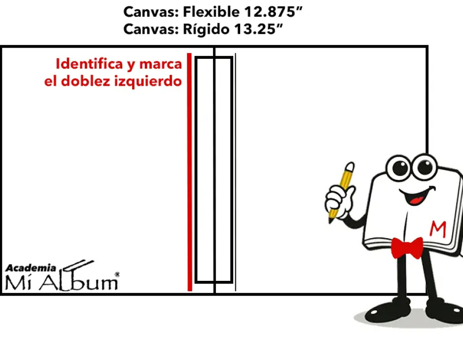 Visualización de los márgenes de seguridad a ambos lados del lomo en el diseño de portada de un fotobook layflat, explicado por el Mino de Mi Album.
