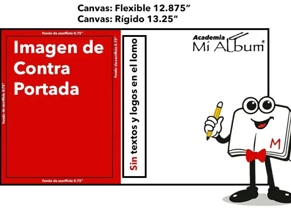 Área de contraportada en el diseño de fotobook layflat mostrando la zona segura para colocar logotipo y datos de contacto.