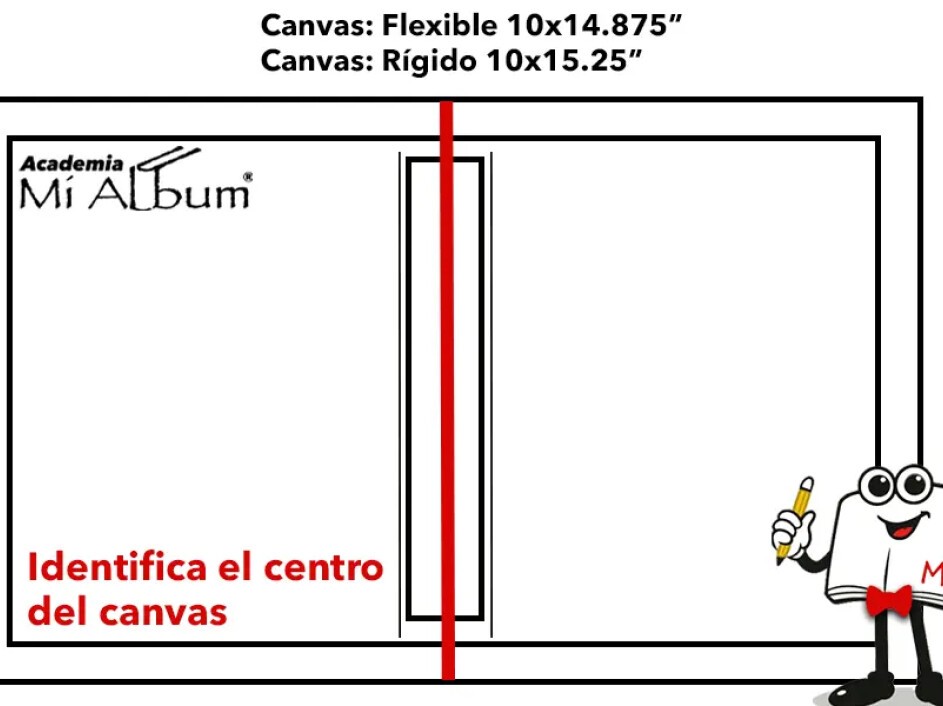 Visualización del centro del lomo en un canvas de portada para álbum fotobook con advertencia de no colocar texto.