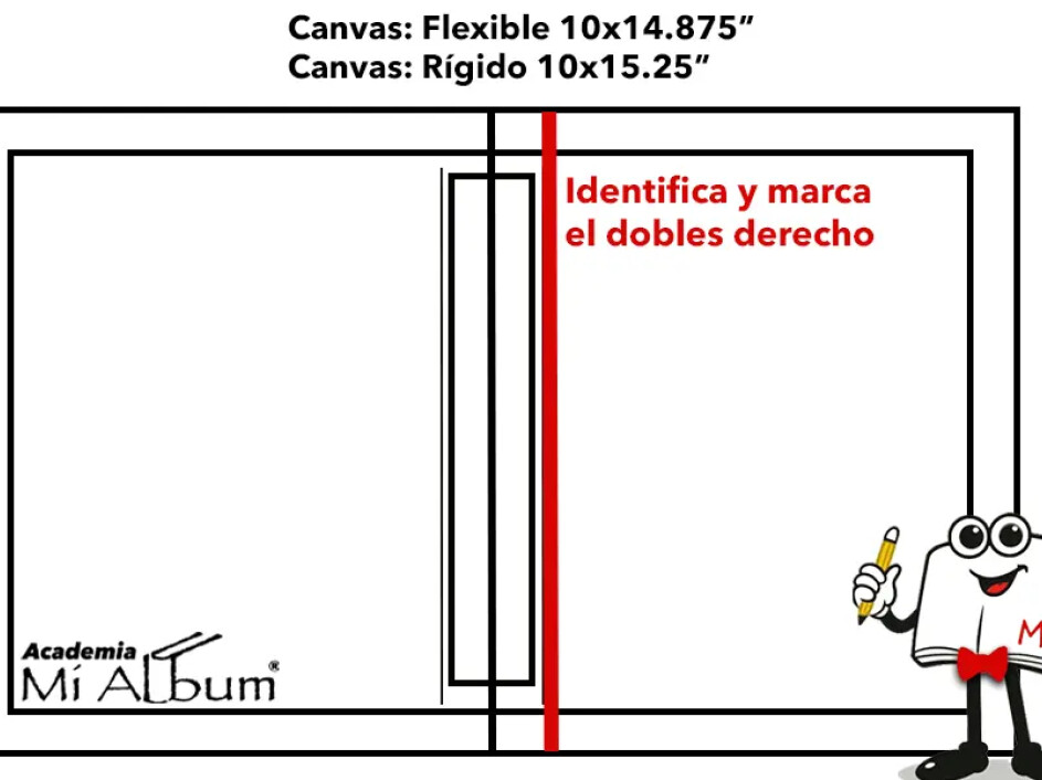 Visualización del margen de flexión al lado derecho del lomo en un diseño de portada para álbum fotobook.