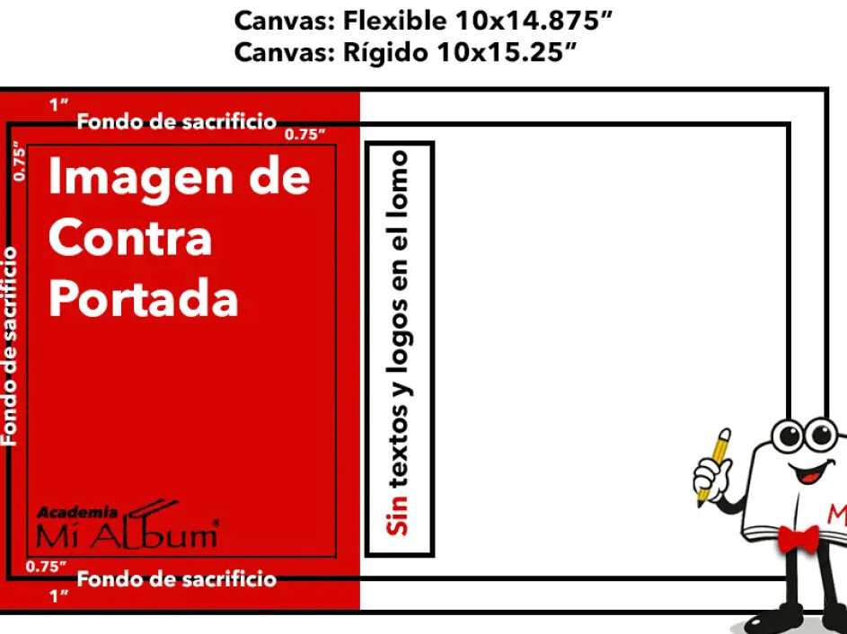 Área visual de la contraportada de un álbum fotobook, con márgenes de seguridad y ejemplo de logotipo bien posicionado.