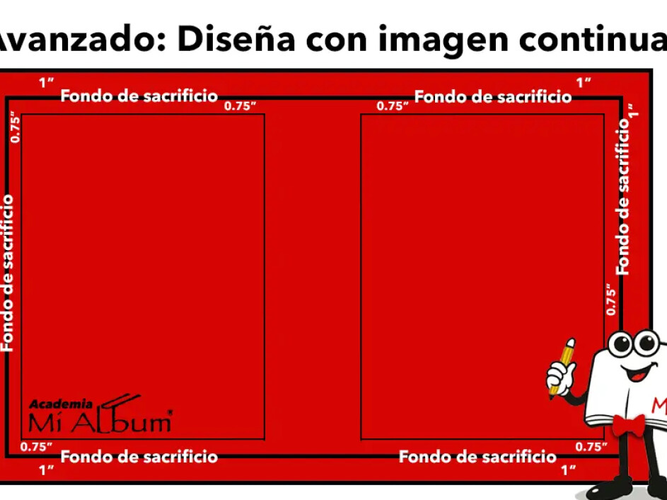 Esquema avanzado para diseño de portada de álbum fotobook, con imagen continua, márgenes internos y fondo de sacrificio marcados.