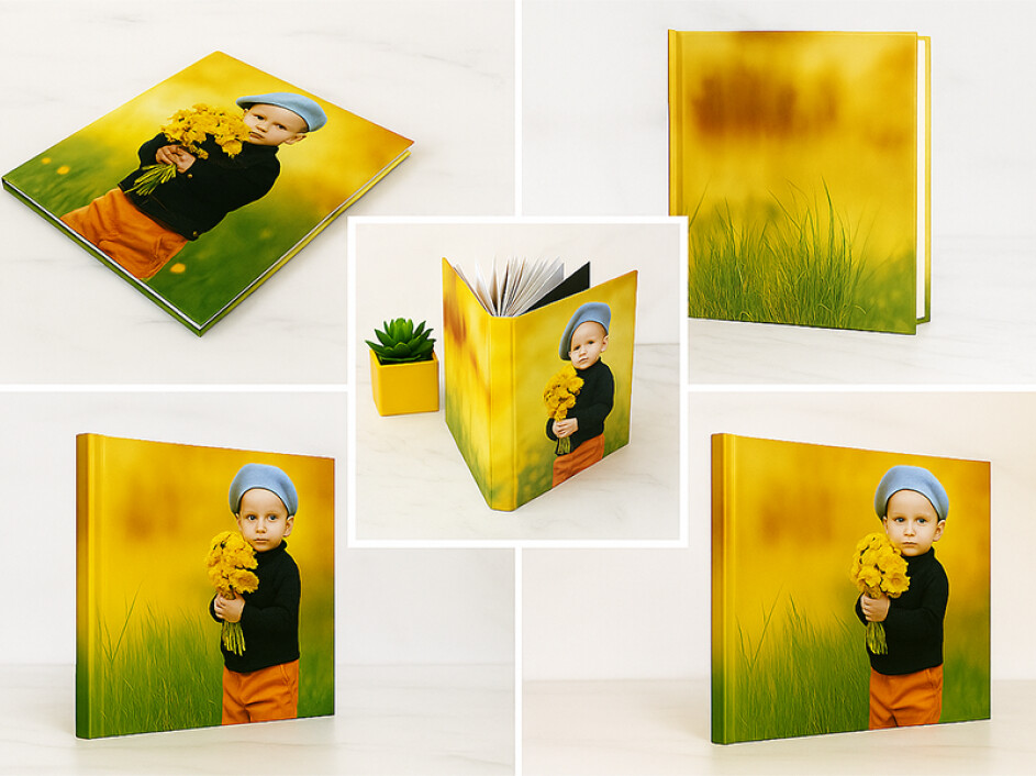 Collage del álbum fotobook premium de lujo Mi Album infantil con empastado fotográfico laminado en frío.