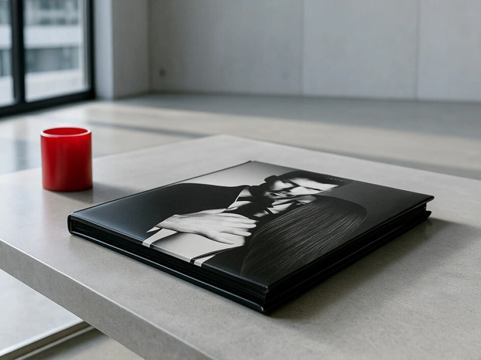 Fotobook Mi Album con pasta dura y foto portada en estilo lujoso, cerrado sobre mesa minimalista, ideal para bodas.