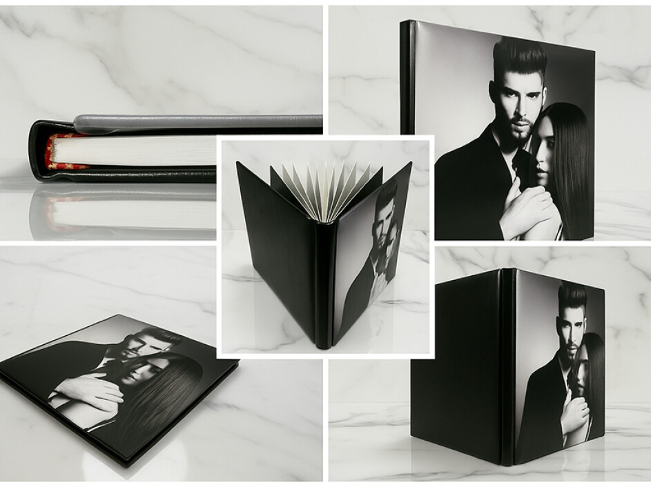 Collage de fotobook Mi Album con pasta dura y foto portada en estilo lujoso, mostrando diferentes vistas del álbum de boda.”