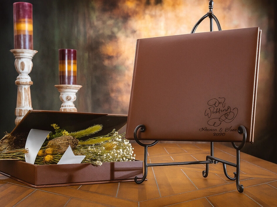 Fotobook Mi Album clásico premium con pasta dura, presentado en atril con caja decorativa de lujo.