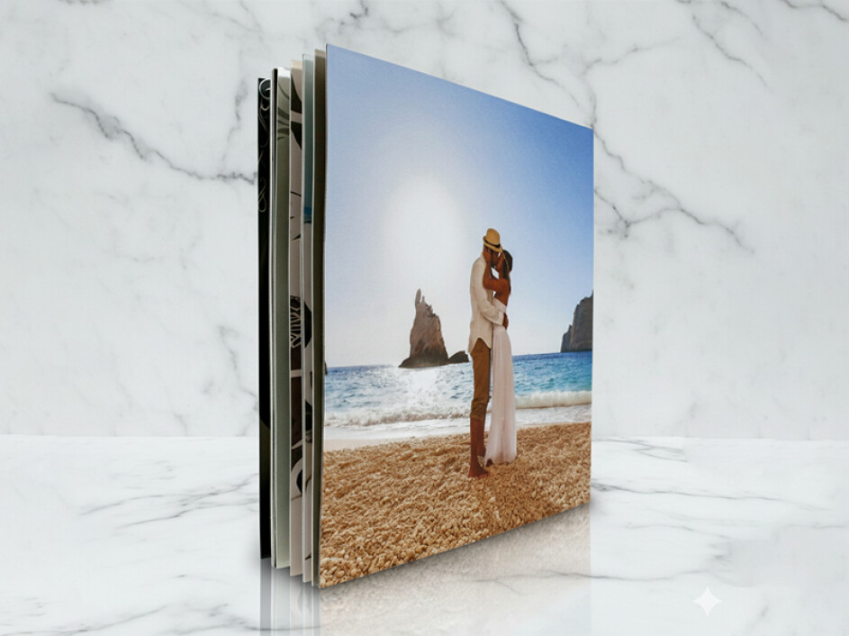 Fotobook Magazine Mi Album con portada panorámica de boda en la playa, impreso en papel fotográfico layflat de alta calidad.