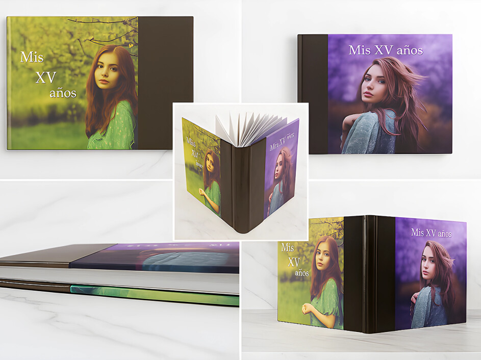 Collage de álbum fotográfico estilo americano con portada y contraportada en pro-piel, mostrando distintas vistas del diseño Mi Album para sesiones de XV años y eventos sociales, con acabado premium y apertura layflat.