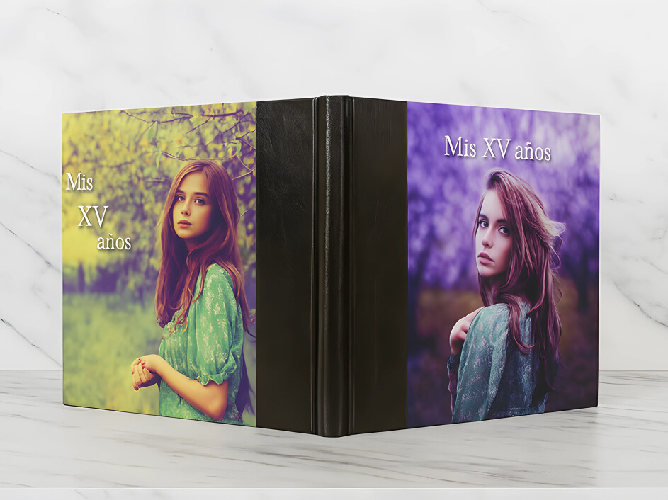 Fotobook americano con portada y contraportada de Mi Album de pie sobre superficie de mármol, mostrando continuidad entre ambas imágenes y lomo de textura en pro-piel oscura.