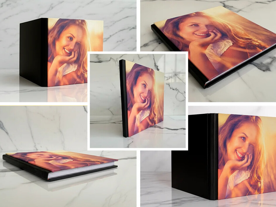 Collage del Fotobook Layflat Mi Album con portada en canvas, varias vistas del empastado premium sobre fondo de mármol blanco.