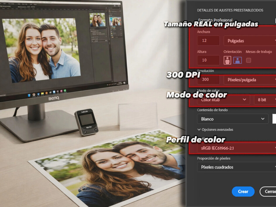 Preparación correcta de archivos para impresión con resolución 300 DPI, tamaño real y perfil de color sRGB