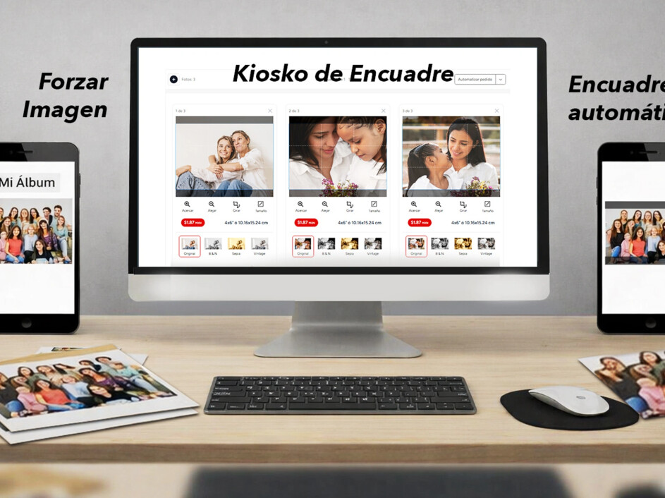 Herramientas de encuadre para impresión de fotos con kiosco visual, encuadre automático y opción forzar imagen