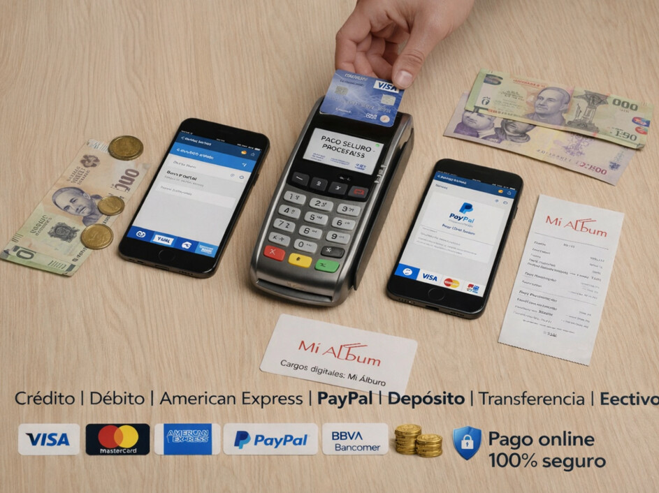 Métodos de pago disponibles en Mi Album con tarjeta, PayPal, transferencia, depósito y efectivo seguro