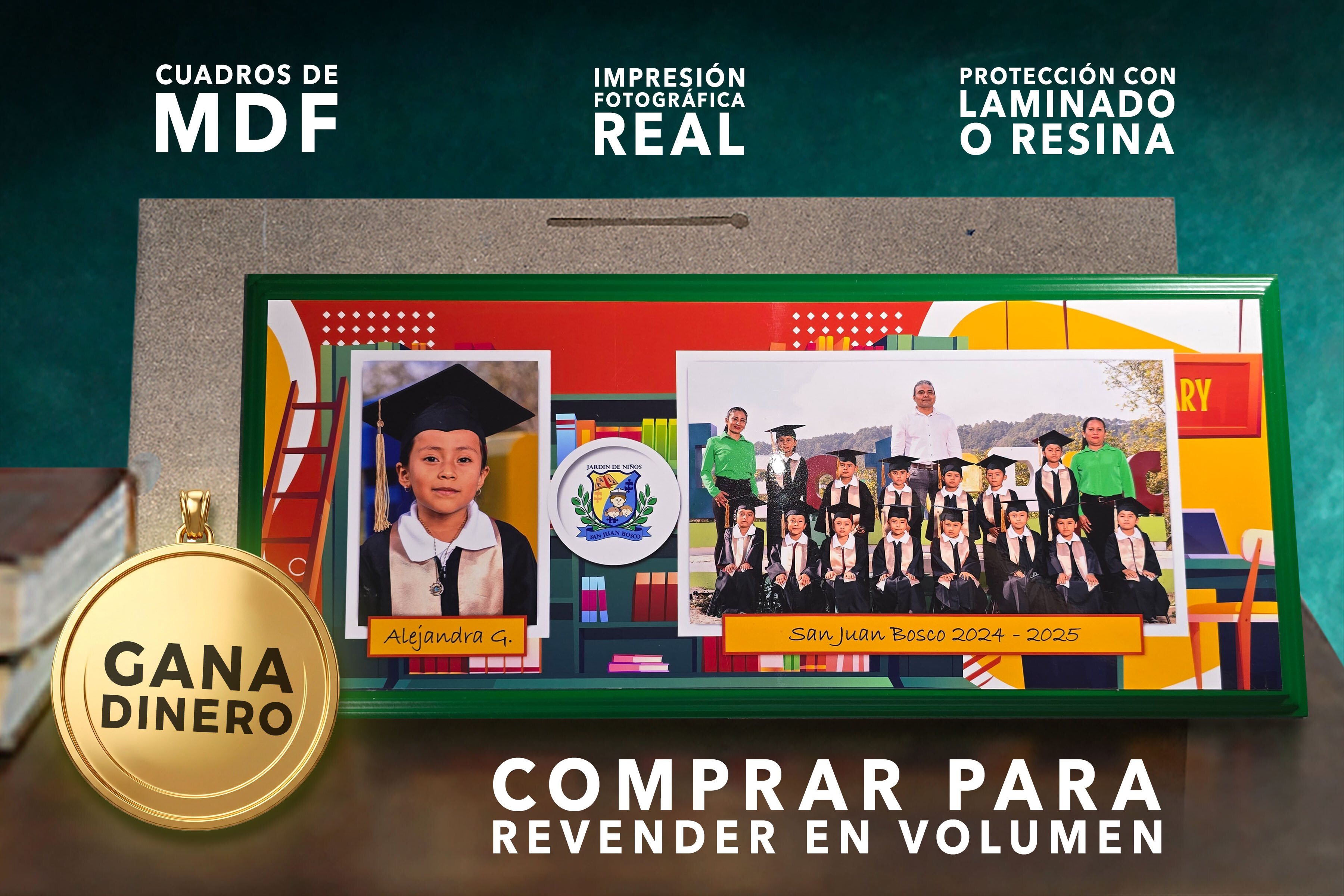 bastidores escolares MDF con acabados laminado y resina para graduación