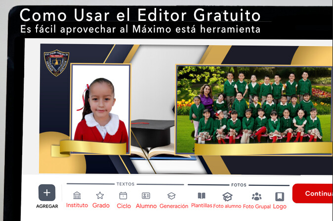 Editor de plantillas escolares con herramientas para texto, imágenes y personalización