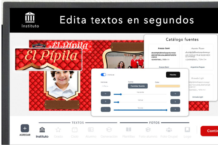 Editor de instituto para editar textos y fuentes en plantillas escolares en Mi Album CDMX